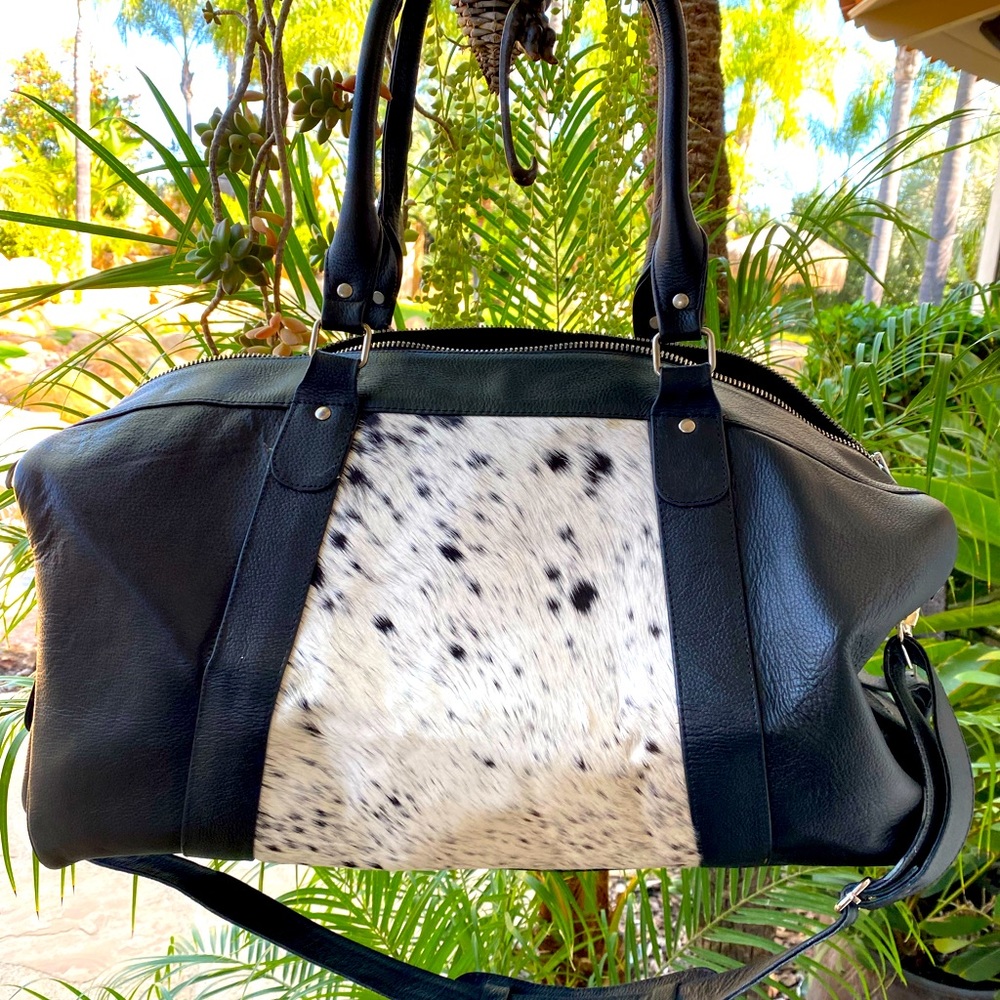 Rare custom cowhide and leather black cow duffle travel cowgirl rodeo bag tote